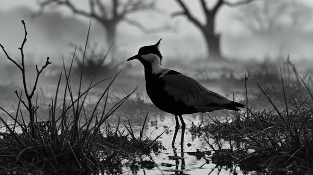 Black and white portrait of a northern lapwing bird in a misty wetland environment searching for food and foraging