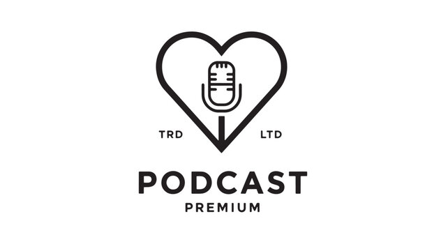 Microphone in heart shape with Podcast Premium TRP LTD branding logo design on white background featuring audio show, mic symbol, voice recording
