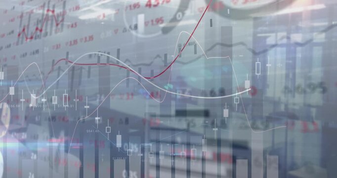 Animation of financial data processing over empty office