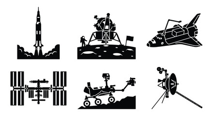 Space exploration vector icons set, black silhouette rocket launch and lunar lander, space shuttle and satellite station symbols for science education © MmImran