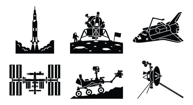 Space exploration vector icons set, black silhouette rocket launch and lunar lander, space shuttle and satellite station symbols for science education