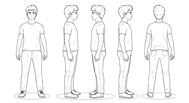 Anime character turnaround sheet of a young man in casual clothes, male character design reference with front side and back views, black and white line art vector illustration