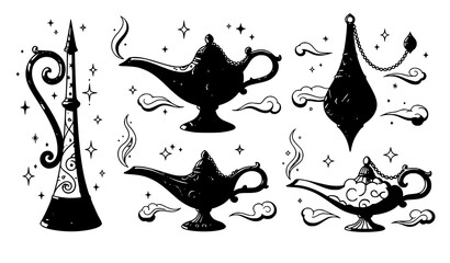 Ornate genie lamp vintage fantasy magic vector illustration set © MdMiraz