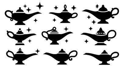 Genie lamp silhouette icon magic wish fantasy vector set © MdMiraz