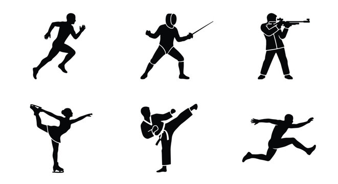 Athletic sports silhouettes set, 6 black vector icons of athletes in action, professional competition and fitness training figures on white background