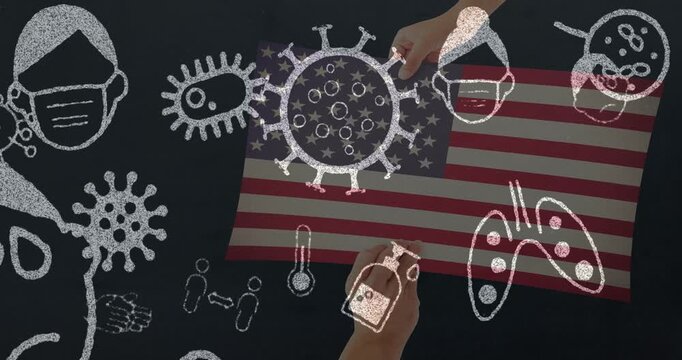 Animation of virus cells and covid icons over hands holding flag of usa