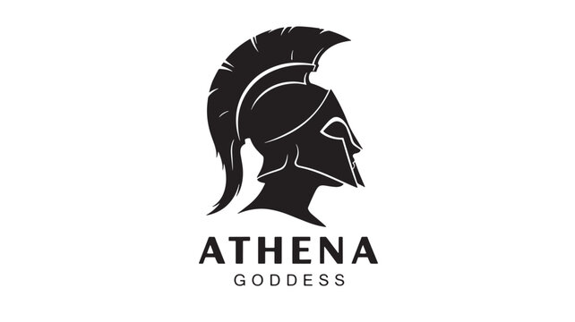 Spartan helmet logo with Athena goddess head silhouette in bold black and white emblem design for branding