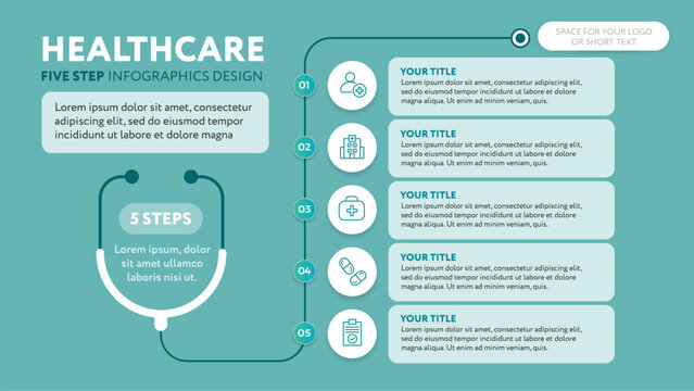 Medical business presentation slide template with stethoscope 5 steps checklist - modern minimalist design with line icons in flat style - teal green background