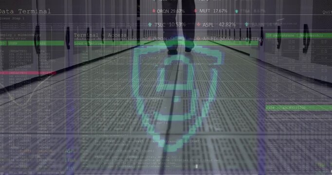 Security padlock icon and data processing over low section of engineer walking in server room