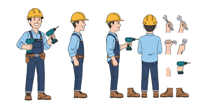 Construction worker character in blue overalls and a yellow hard hat holding a power drill shown from multiple angles with tool icons.