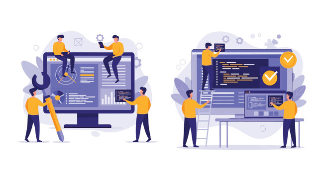 Group of developers and designers working together to build a website and software applications on large computer screens.