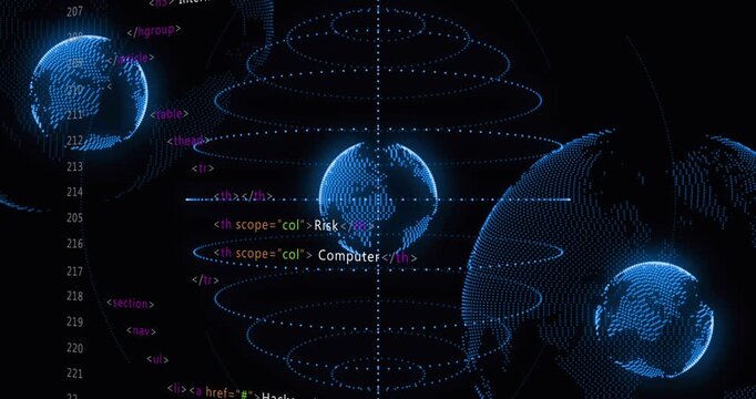 Animation of digital globes with fingerprint rotating against programming language