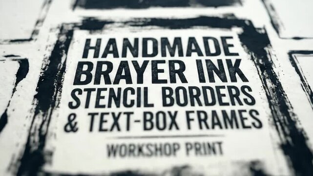 Rough square stencil borders and text-box frames handmade with brayer ink, distressed print texture and a bold vintage poster-workshop feel, ultra-realistic, no logos.