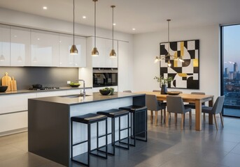 Fototapeta premium Modern kitchen with integrated dining area and industrial style lighting