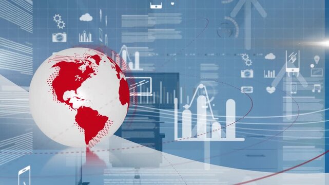 Animation of globe, graphs and diverse data processing on digital screens over open space office
