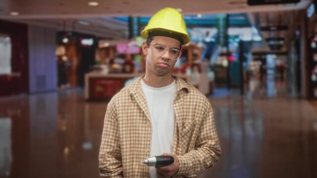 Man wearing hardhat holds drill in hand inside building, slumped shoulders and bored expression; quiet resignation.