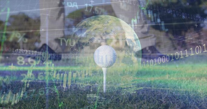 Animation of globe, statistics and data processing over legs of male golf player with golf ball