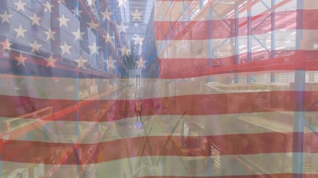Animation of flag of usa over caucasian male worker in warehouse