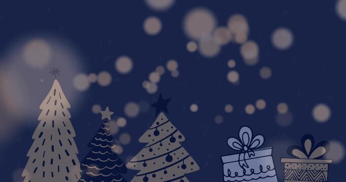 Animation of yellow spots over multiple christmas trees and gift icons against blue background