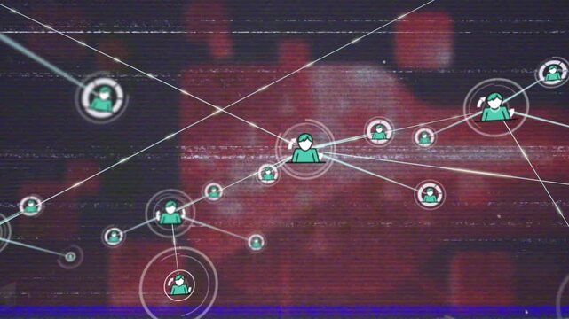 Animation of glitch effect over network of profile icons against red background