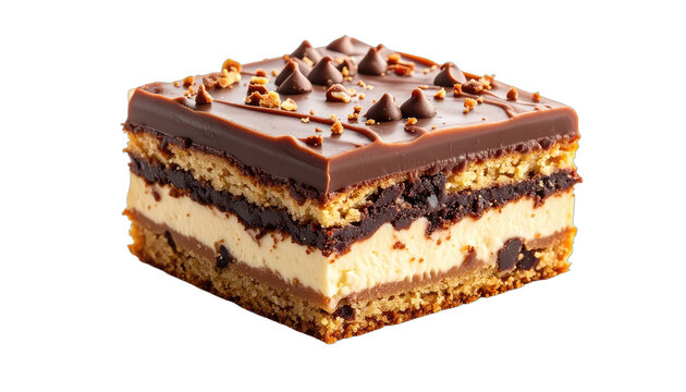 A delectable layered dessert bar, featuring a crumbly base, creamy filling, rich chocolate layers, and a glossy chocolate topping adorned with Hershey's Kisses, sits against a stark black background.