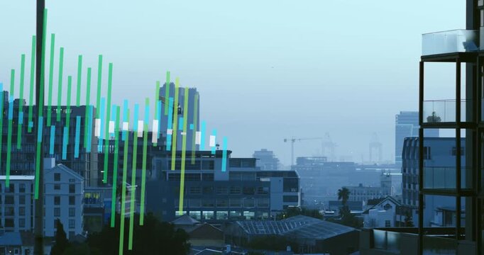 Animation of statistical data processing against aerial view of tall buildings