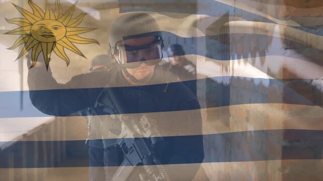 Animation of flag of uruguay over diverse soldiers