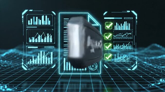 A futuristic dashboard displays graphs and a smartphone on a grid floor with blue lines and green checks.
