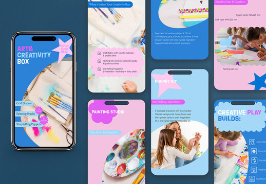 Vector Instagram stories template for kids&rsquo; toys and creative kits. Perfect for promoting DIY sets, craft products and educational goods in a colorful children&rsquo;s store