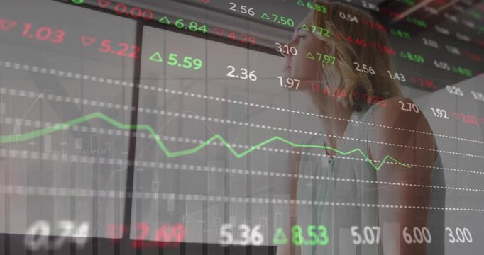 Animation of financial data processing over caucasian businesswoman in office