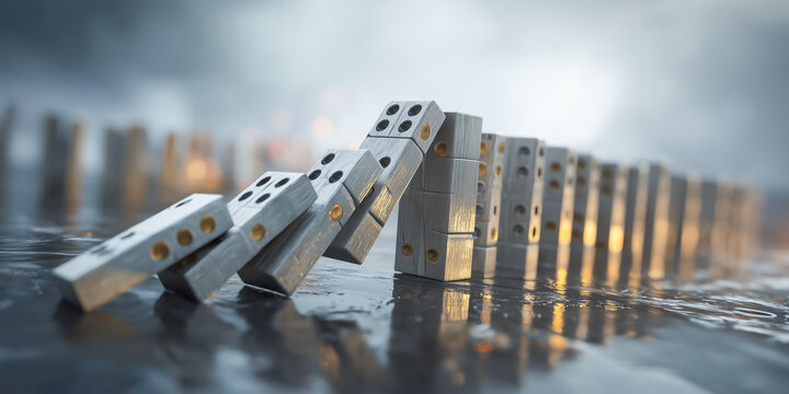 Corporate domino effect illustrating cascading business failures and competitive pressures driven by shifting market trends and strategic miscalculations globally today