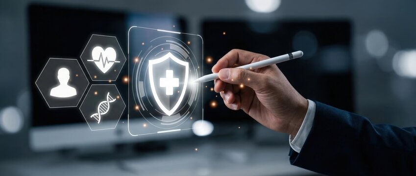 Healthcare innovation digital health technology implementation modern office environment visual content professional workspace focus on patient-centric solutions