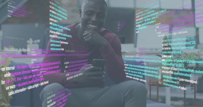Developer picking smartphone tapping screen testing app, code streams drifting in coworking lounge