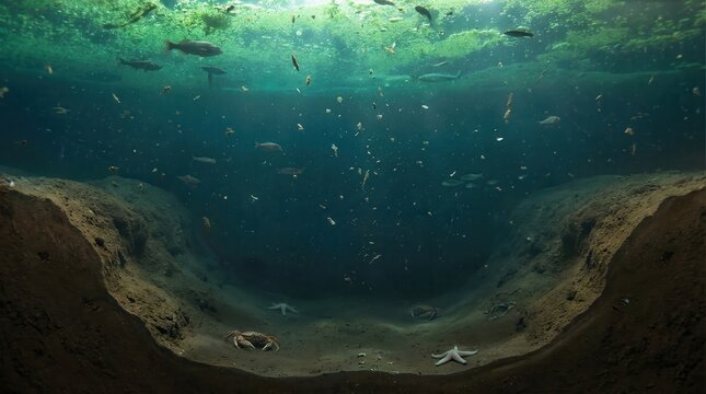 Underwater sinkhole ecosystem with fish and marine life in deep blue water
