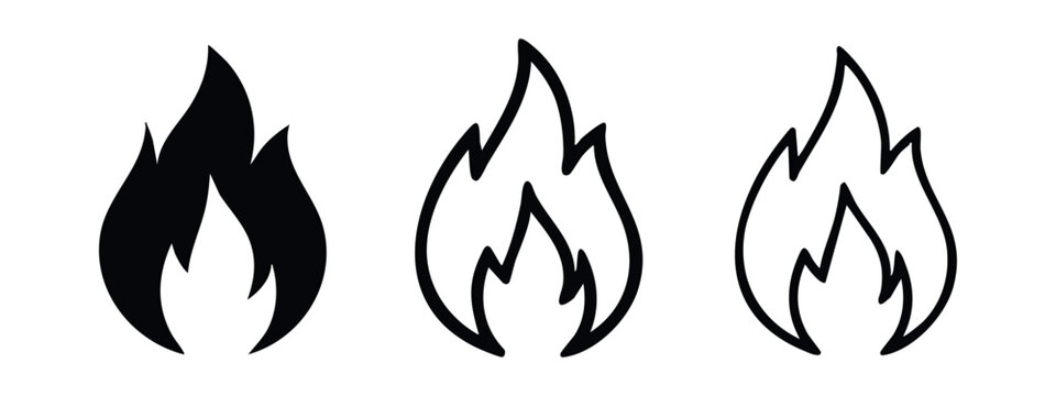 Fire Flame Icon Set: Solid, Outline, and Wireframe Styles