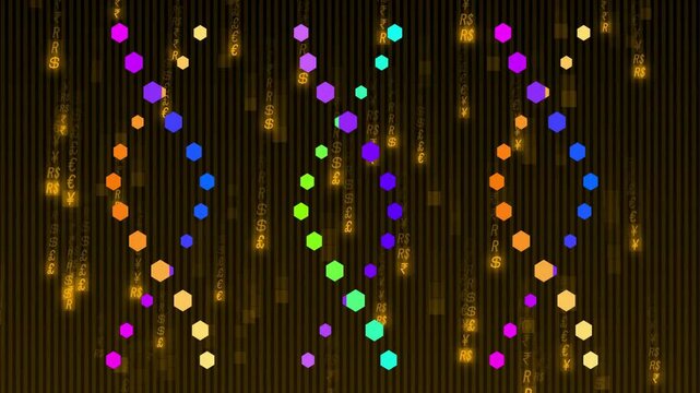 Animation starting three 8loop hex cols rotating cycling colors falling gold glyphs forming rhythm