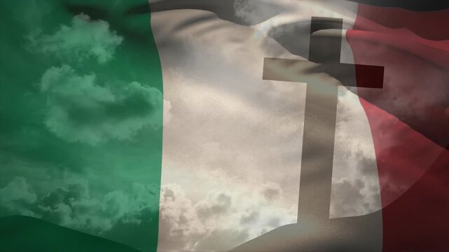 Tricolor flag rippling from wind cross shadow warping as clouds drifting conveying symbolic memory