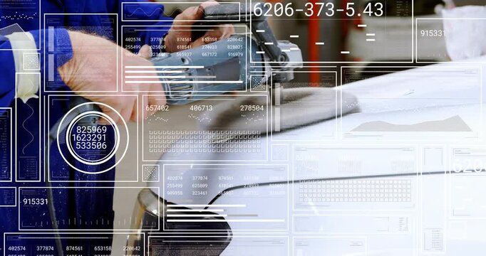 Technician placing rotating pad, sanding hood in auto for refinish while UI overlays tracking area