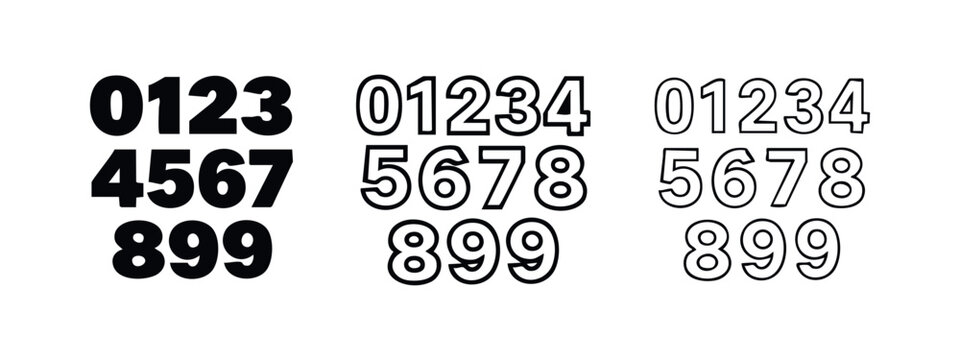 Numbers 0-9 in three styles: solid black, outlined, and thin outlined