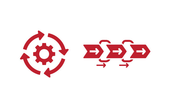 Red gear and arrow workflow on white background, arrows circular motion