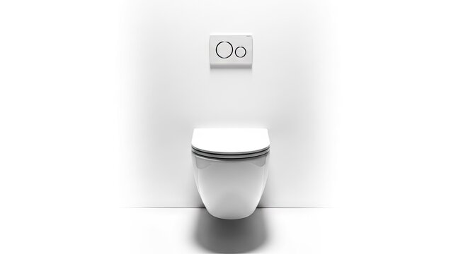 Modern wall mounted toilet with dual flush buttons on white background