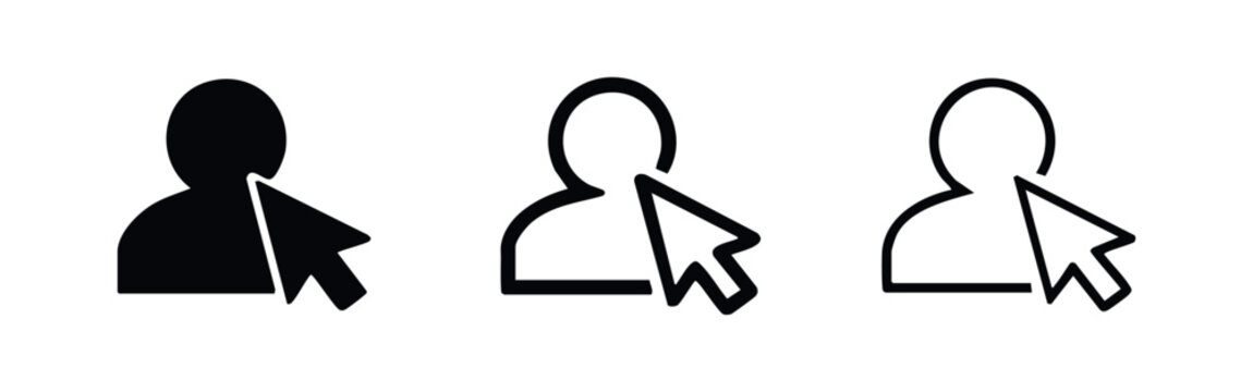 Three user or person icons with a cursor in solid, outlined, and thin outlined styles