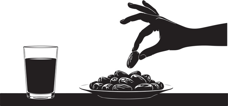 Hand Picking Dates Fruit from Plate with Glass of Juice Sarbat for Ramadan Iftar on Transparent Background