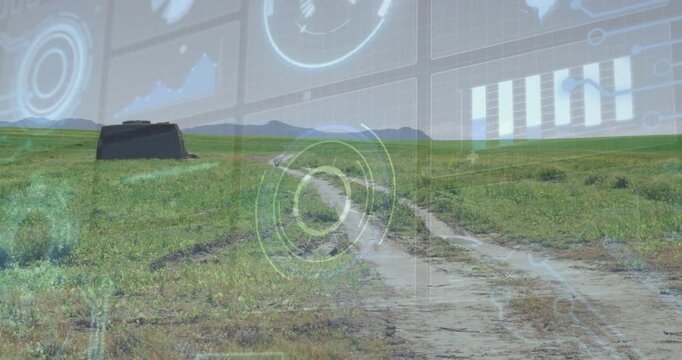 Leading dirt track pulling gaze through grass to horizon, HUD reticle brightening, drawing focus