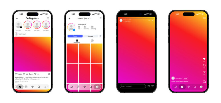 Instagram template app screens on Apple Iphone mockup set. Realistic Instagram interface on smartphone: profile, post, message, shop, icons set. Editable text and blank frames. Editorial Vector.
