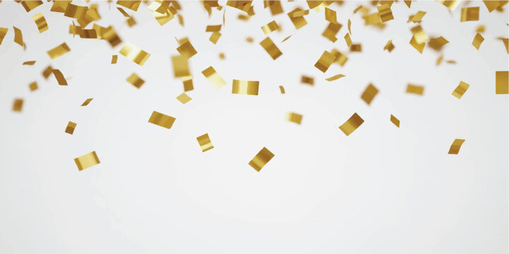 Falling gold rectangular confetti pieces scattered against a plain white background with soft focus depth of field effect
