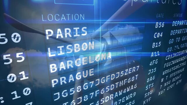 Hand and forearm swiping departures HUD, revealing cities and updating gate status for airport tech