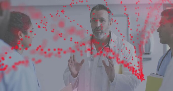 Doc speaking team listening talk causing medical red dots growing into sweeping arcs hiding staff