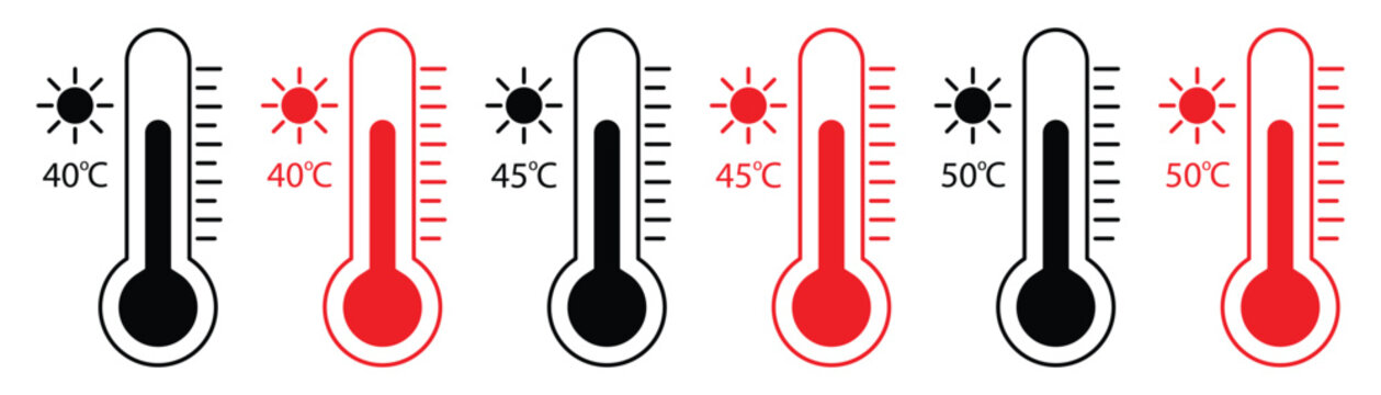 Hot temperature icons with thermometers and sun symbols for summer weather heat waves at forty forty-five and fifty degrees celsius isolated on white background.