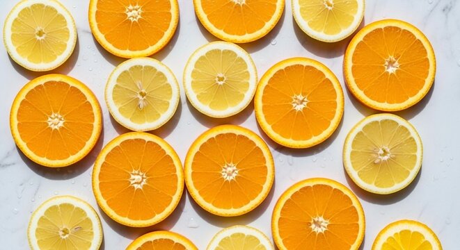 Overhead view of sliced oranges and lemons arranged on a white marble surface
